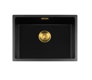 Lorreine 50BQ37-FU-Gold Luxe Enkele Keukenspoelbak Graniet Zwart Met Korfplug Goud 50 x 37 Vlakbouw Of Onderbouw