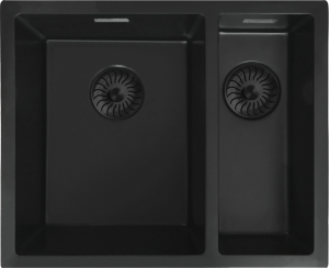 Caressi Quartz CAQPP3415R10BK-EB Anderhalve Keukenspoelbak Links Graniet Zwart Met Zwarte Korfplug Opbouw