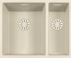 Lorreine 3415CQSP-FU-Coffee Luxe Anderhalve Keukenspoelbak Graniet Coffee Cream Met Korfplug Cream 34 x 40 + 15 x 40 Vlakbouw Of Onderbouw