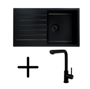 Caressi CAQPP770R10BK-EB + CABL003BKU Complete Set 77 x 45 cm Enkele Keukenspoelbak Zwart Met Keukenkraan Zwart