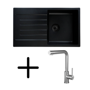 Caressi CAQPP770R10BK-EB + CABL003IU Complete Set 77 x 45 cm Enkele Keukenspoelbak Zwart Met Keukenkraan RVS