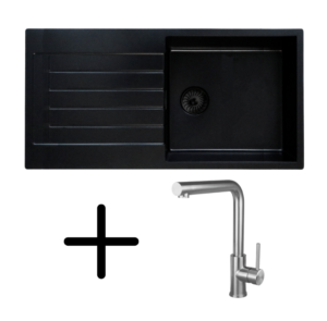 Caressi CAQPP850R10BK-EB + CABL003IU Complete Set 85 x 45 cm Enkele Keukenspoelbak Zwart Met Keukenkraan RVS