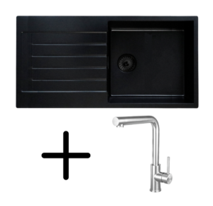 Caressi CAQPP850R10BK-EB + CABL003CHU Complete Set 85 x 45 cm Enkele Keukenspoelbak Zwart Met Keukenkraan Chroom