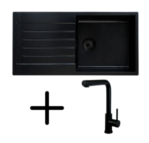 Caressi CAQPP850R10BK-EB + CABL003BKU Complete Set 85 x 45 cm Enkele Keukenspoelbak Zwart Met Keukenkraan Zwart