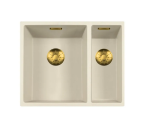 Lorreine 3415CQSP-FU-Gold Luxe Anderhalve Keukenspoelbak Graniet Coffee Cream Met Korfplug Goud 34 x 40 + 15 x 40 Vlakbouw Of Onderbouw