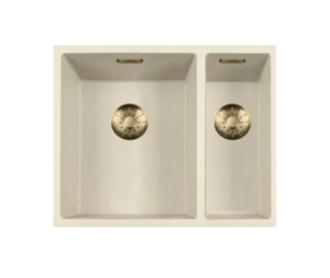 Lorreine 3415CQSP-FU-Messing Luxe Anderhalve Keukenspoelbak Graniet Coffee Cream Met Korfplug Messing Patina 34 x 40 + 15 x 40 Vlakbouw Of Onderbouw